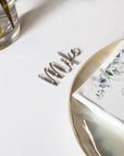 Tischkärtchen Silber personalisiert mit dem Namen liegend über dem Teller als Dekoration auf dem Tisch der Hochzeitsfeier.