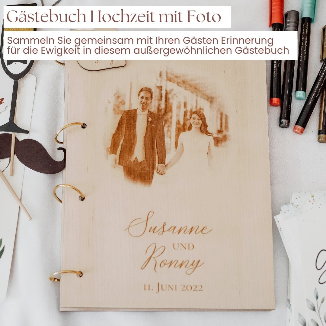 Gästebuch Hochzeit Holz personalisiert – Hochzeitsgästebuch mit Bild blanko zum Ausfüllen Fotobuch - Suzu Papers