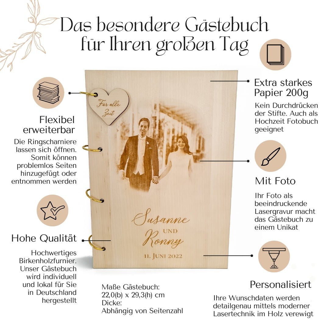 Gästebuch Hochzeit Holz personalisiert – Hochzeitsgästebuch mit Bild blanko zum Ausfüllen Fotobuch - Suzu Papers