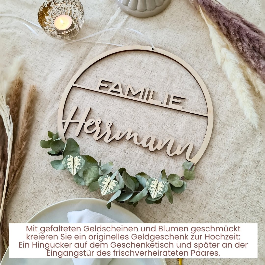 Türkranz personalisiert Familie: Personalisiertes Hochzeitsgeschenk Geld / Willkommensschild Haustür - Suzu Papers